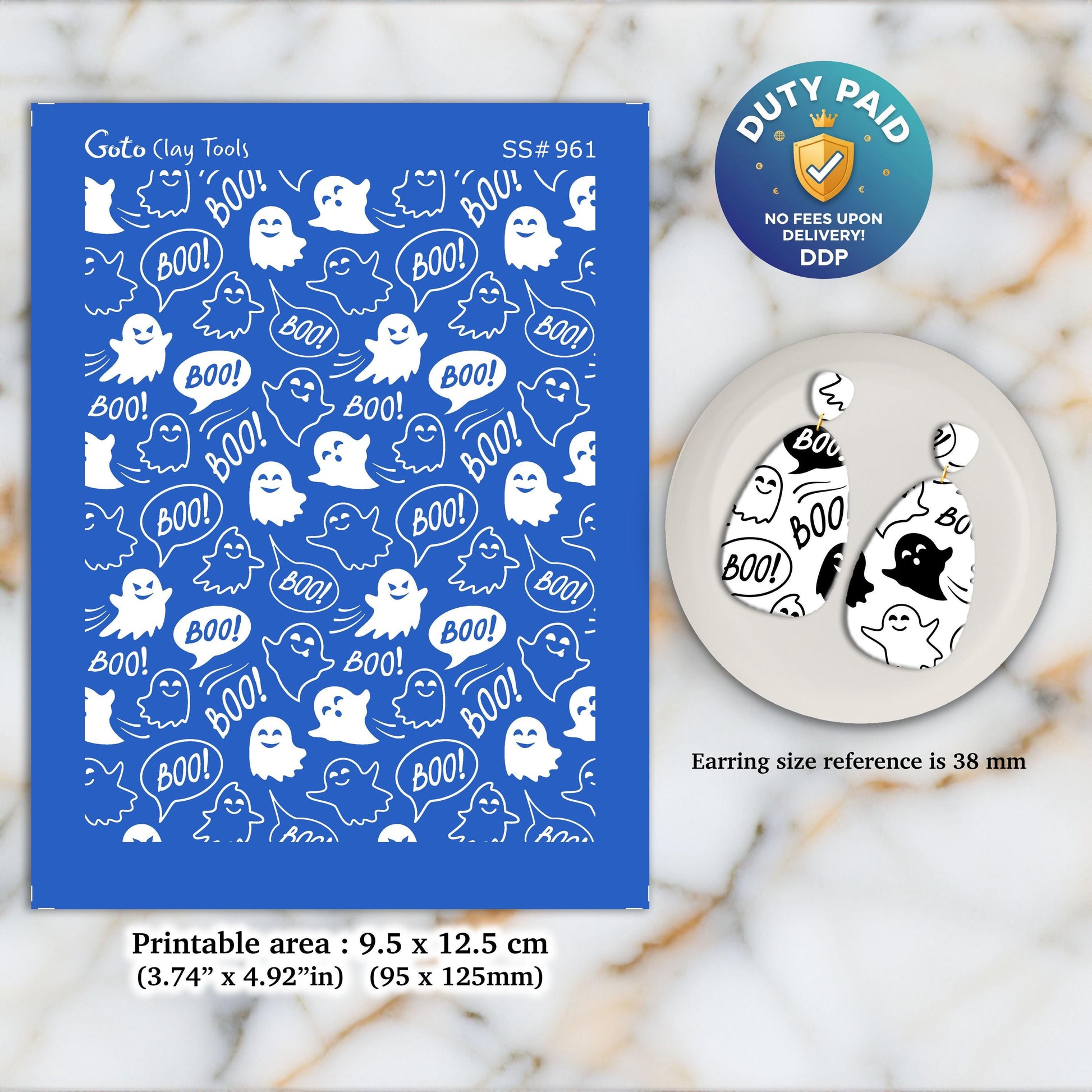 Halloween Ghost Silkscreen for Polymer Clay Earrings: Boo Design SS#961