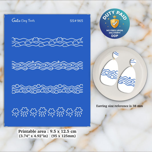 Clouds Border Silkscreen for Polymer Clay Earrings: Jewelry Making Stencil SS#965