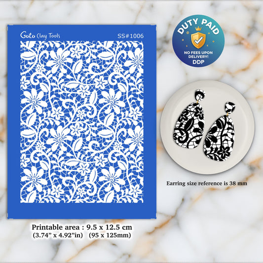 Lace Silkscreen for Polymer Clay Earrings: Jewelry Making Stencil SS#1006
