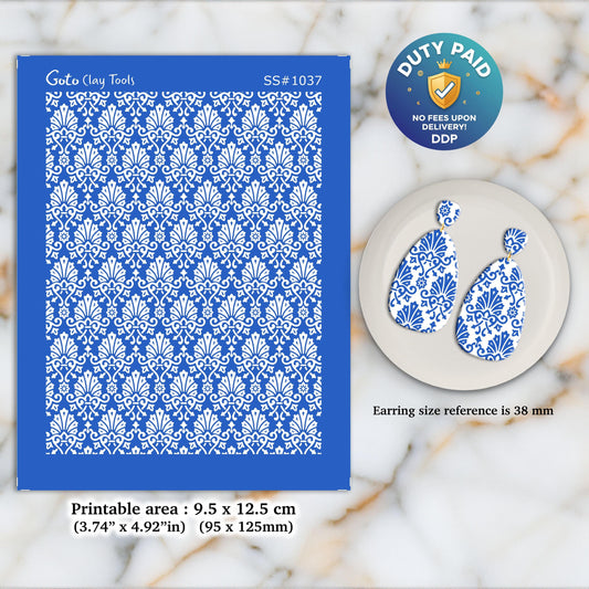 Art deco Damask Silkscreen for Polymer Clay Earring making, Clay Stencils, Clay Earring Silkscreen, Polymer Clay Supplies SS#1037