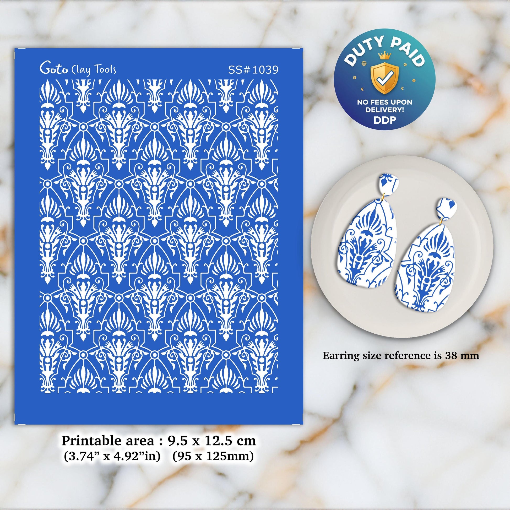 Art Deco Damask Silkscreen: Polymer Clay Earring Stencil (3.74x4.92" Printable Area) SS#1039