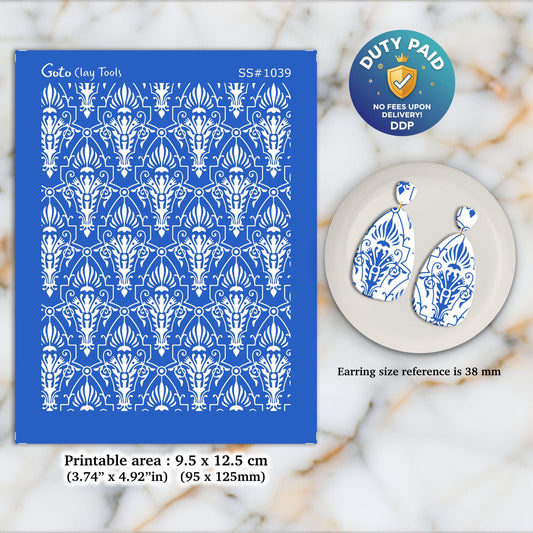 Art Deco Damask Silkscreen: Polymer Clay Earring Stencil (3.74x4.92" Printable Area) SS#1039