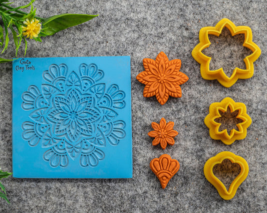 Mandala with Cutter Texture mat for polymer clay, Polymer Clay Rubber Texture mat, Texture Tile mats, Fimo, Sculpey, Cernit