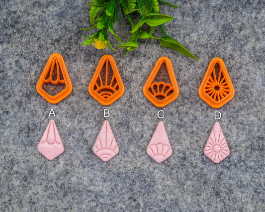 Bohemian style cutter for polymer clay, Diamond shape polymer clay cutter with embossed rays and flower #613
