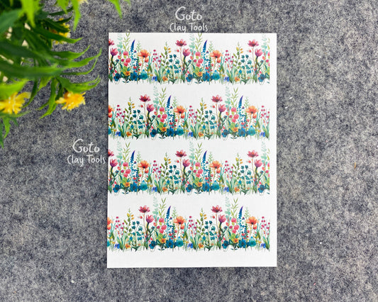 Transfer paper for polymer clay, wild flower border, water soluble transfer paper, polymer clay image transfers, magic transfer paper #797