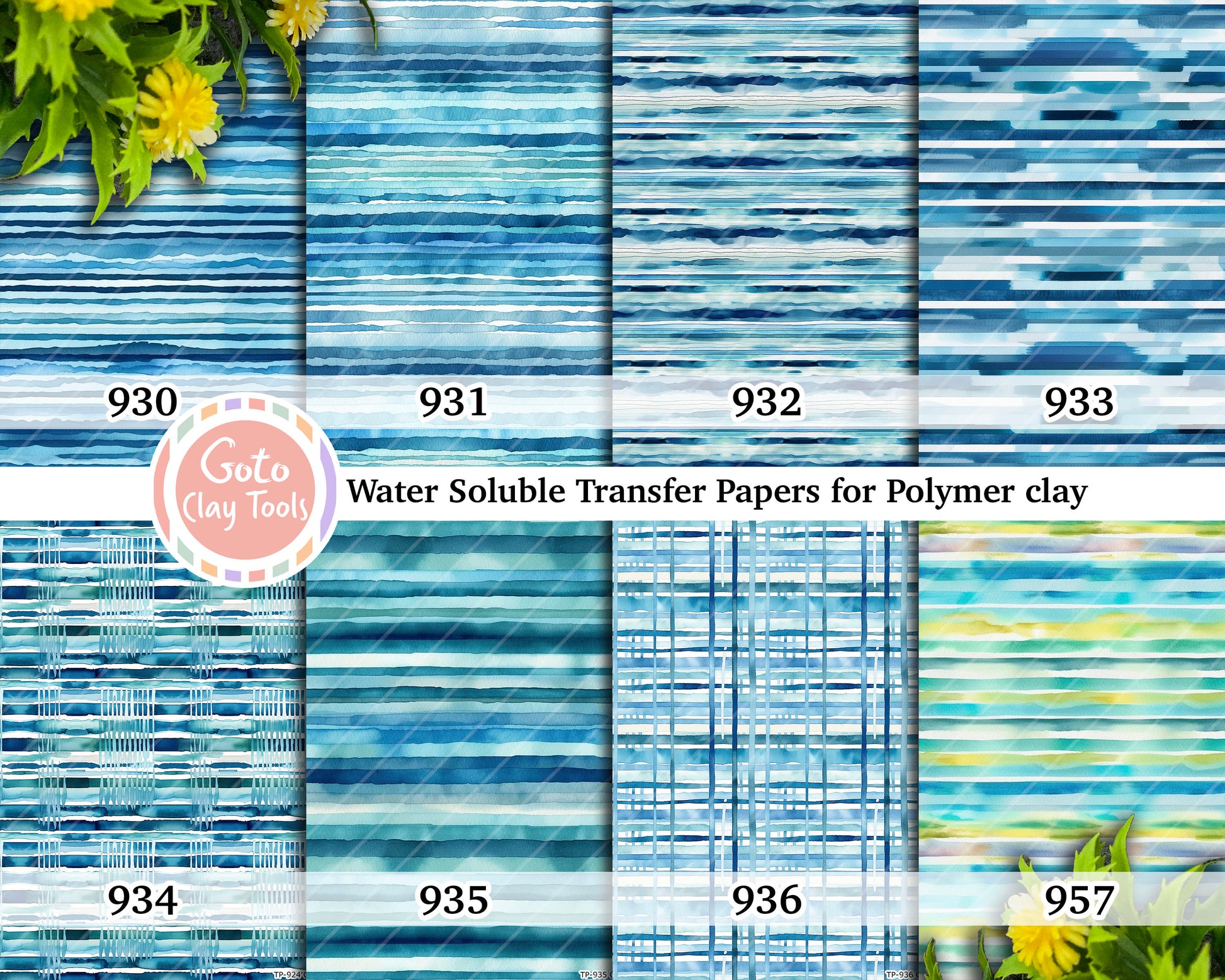 Water soluble Transfer paper for polymer clay, Watercolor Blue Stripes Stripes patterns, polymer clay image transfers, magic transfer paper