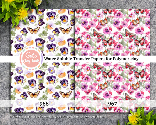 Water soluble Transfer paper for polymer clay, Butterfly and pansy flower pattern, polymer clay image transfers, magic transfer paper
