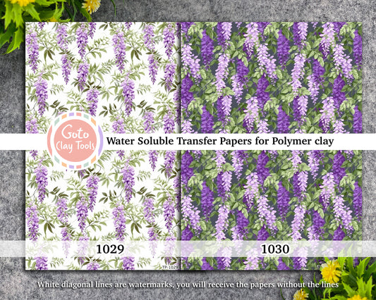 Water soluble Transfer paper for polymer clay, Purple lavender vine pattern, polymer clay image transfers, magic transfer paper