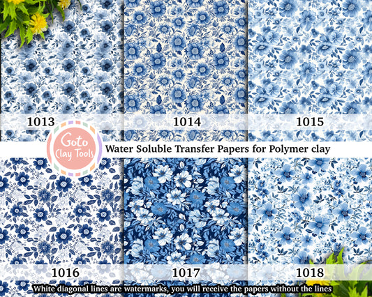 Blue floral Water soluble Transfer paper for polymer clay, chinoiserie patterns, polymer clay image transfers, magic transfer paper