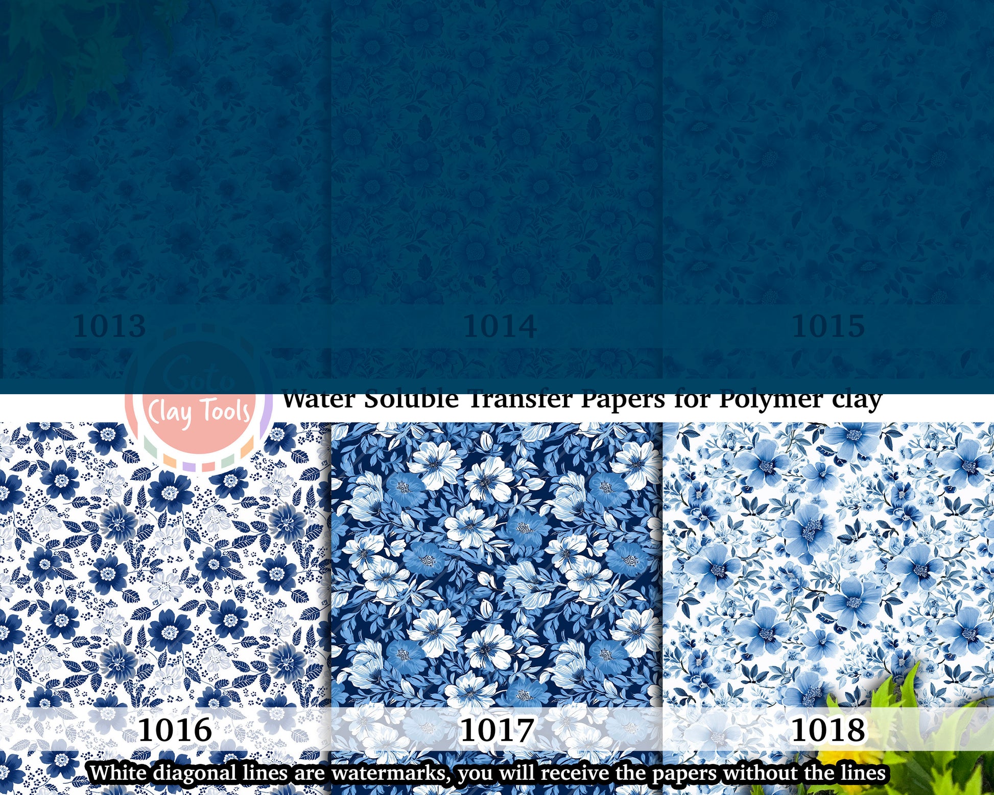 Blue floral Water soluble Transfer paper for polymer clay, chinoiserie patterns, polymer clay image transfers, magic transfer paper