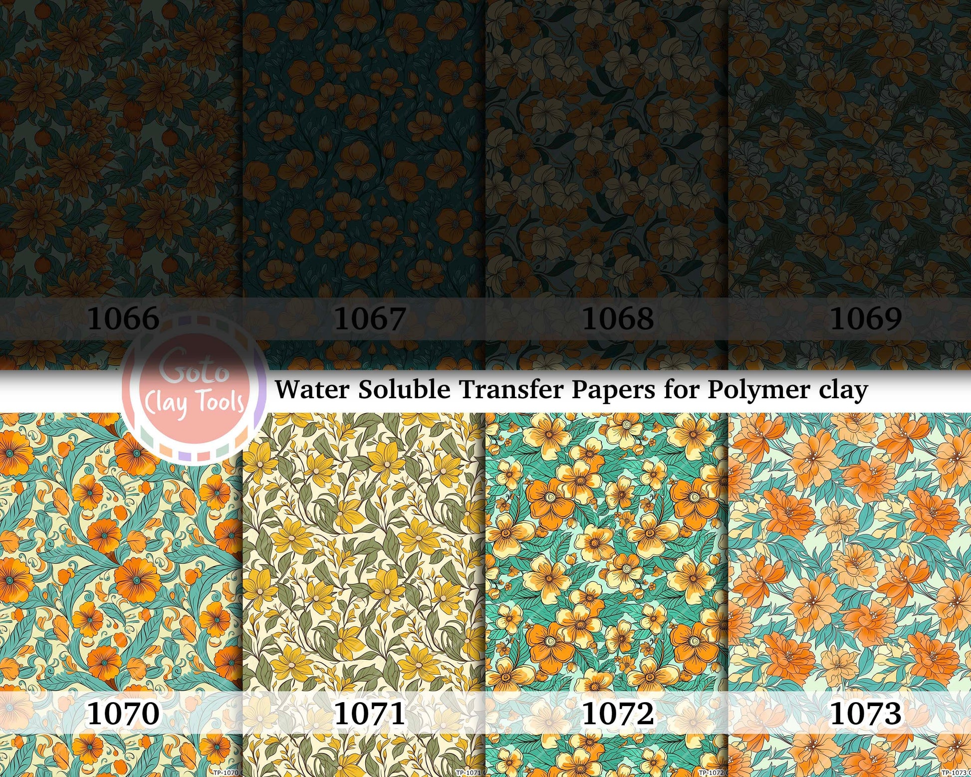Water soluble Transfer paper for polymer clay, Orange and yellow Floral patterns, polymer clay image transfers, magic transfer paper