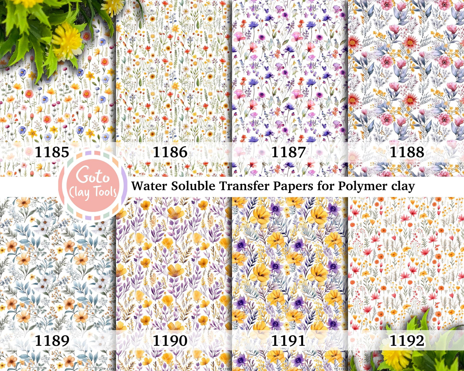 Water soluble Transfer paper for polymer clay, Colorful wildflowers watercolor patterns, polymer clay image transfers, magic transfer paper