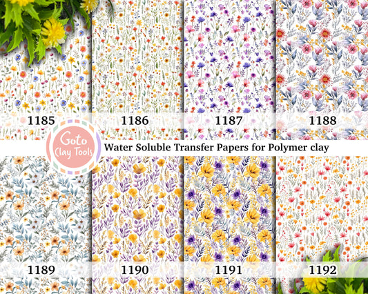Water soluble Transfer paper for polymer clay, Colorful wildflowers watercolor patterns, polymer clay image transfers, magic transfer paper