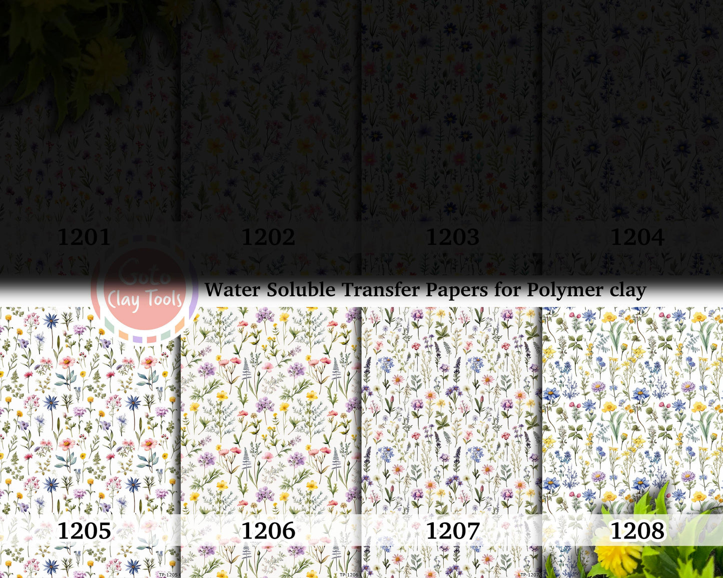 Water soluble Transfer paper for polymer clay, Colorful wildflowers watercolor patterns, polymer clay image transfers, magic transfer paper