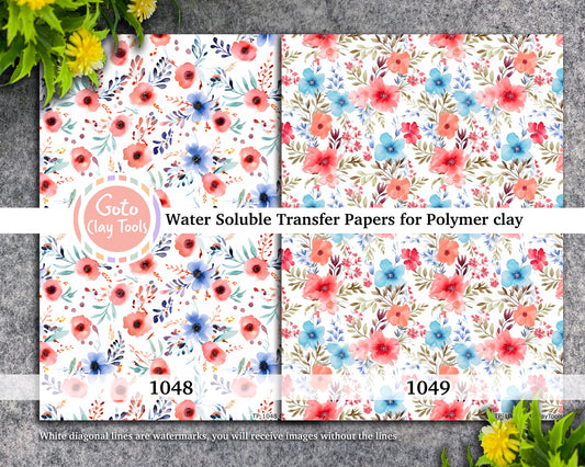 Water soluble Transfer paper for polymer clay, Watercolor flower pattern, polymer clay image transfers, magic transfer paper