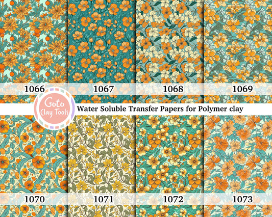 Water soluble Transfer paper for polymer clay, Orange and yellow Floral patterns, polymer clay image transfers, magic transfer paper