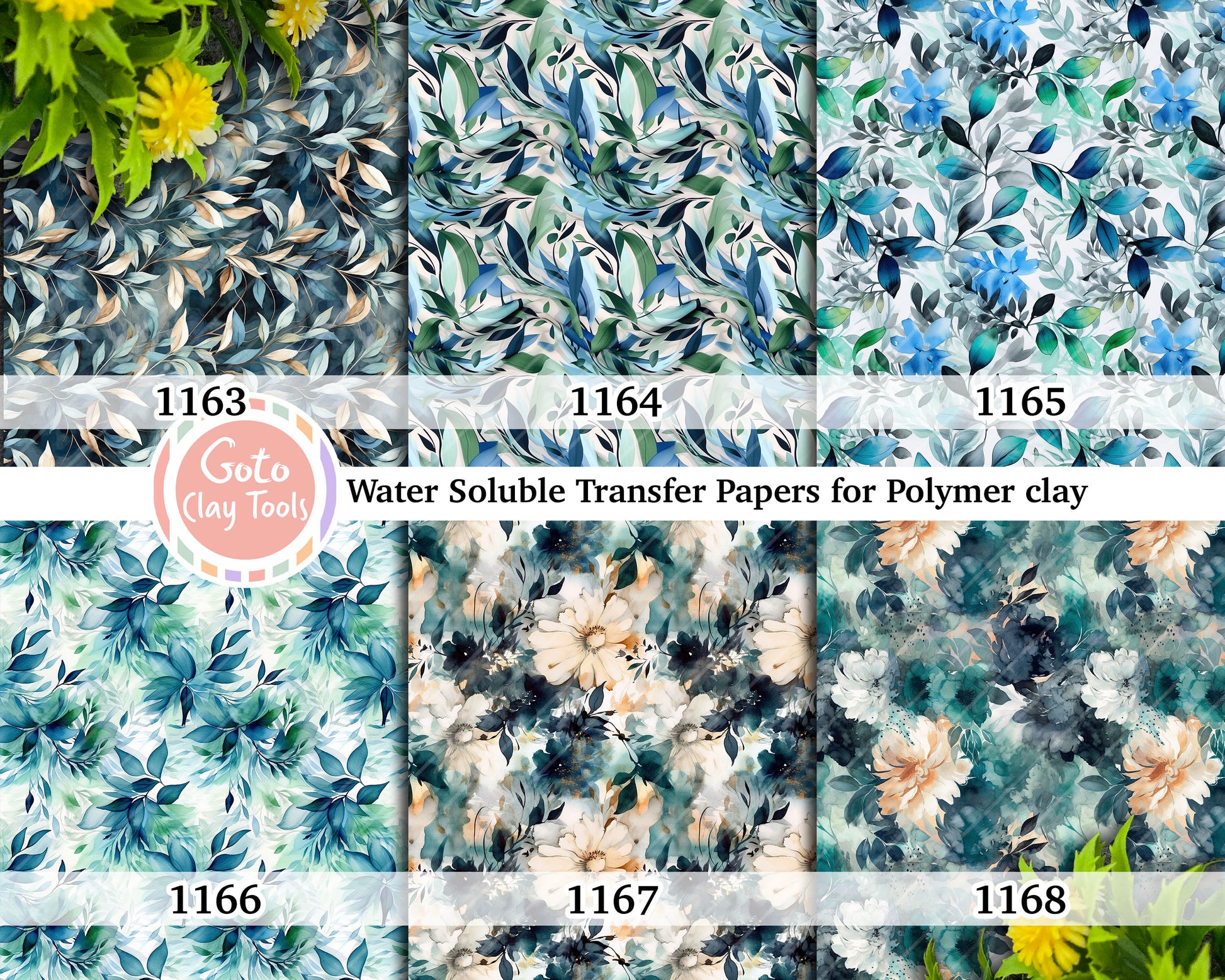 Water soluble Transfer paper for polymer clay, Abstract Aqua leaves and floral pattern, polymer clay image transfers, magic transfer paper