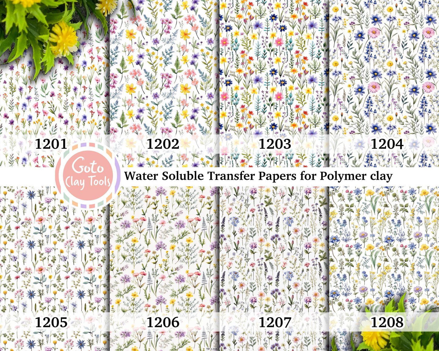 Water soluble Transfer paper for polymer clay, Colorful wildflowers watercolor patterns, polymer clay image transfers, magic transfer paper