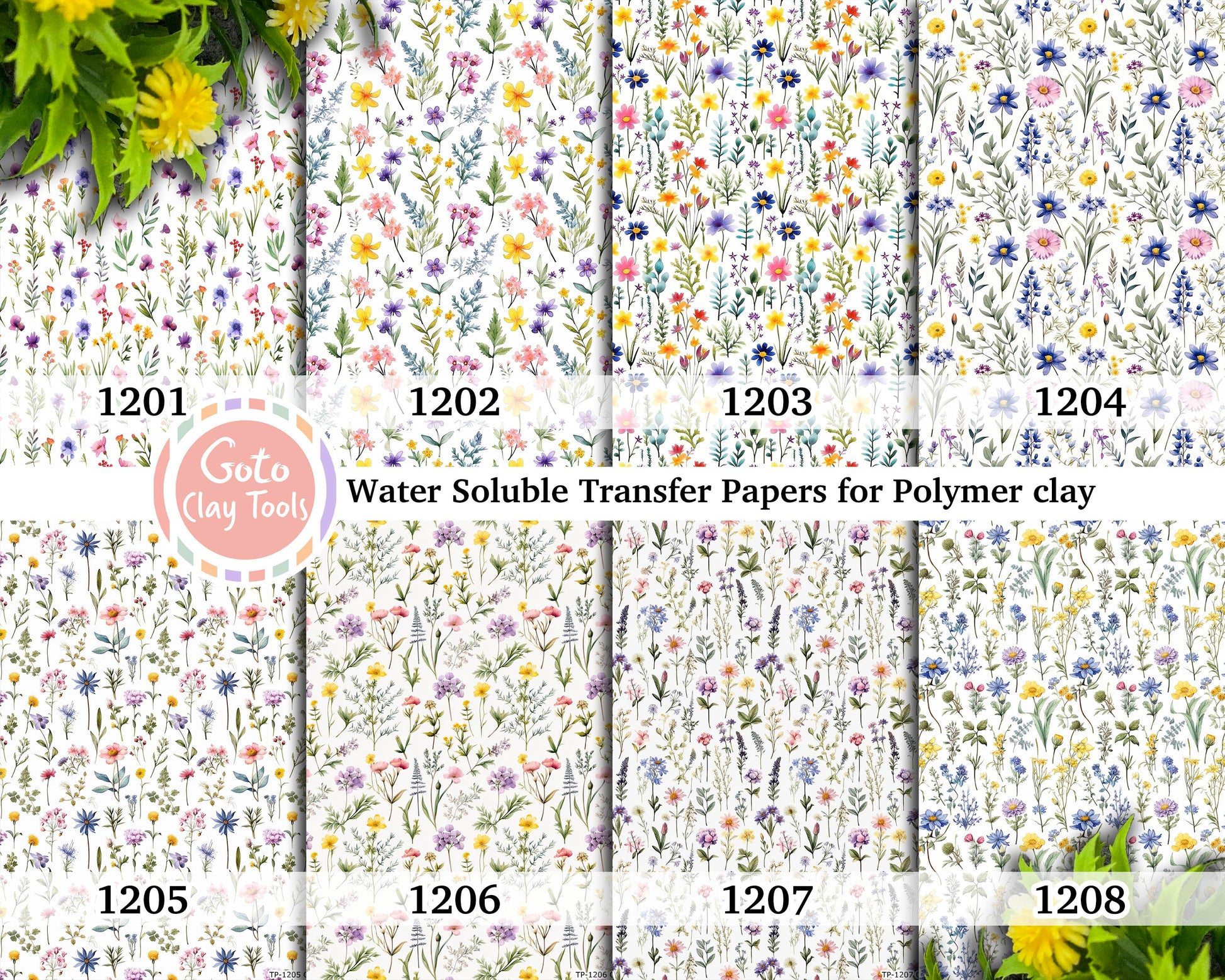 Water soluble Transfer paper for polymer clay, Colorful wildflowers watercolor patterns, polymer clay image transfers, magic transfer paper
