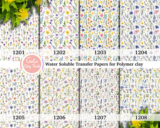 Water soluble Transfer paper for polymer clay, Colorful wildflowers watercolor patterns, polymer clay image transfers, magic transfer paper