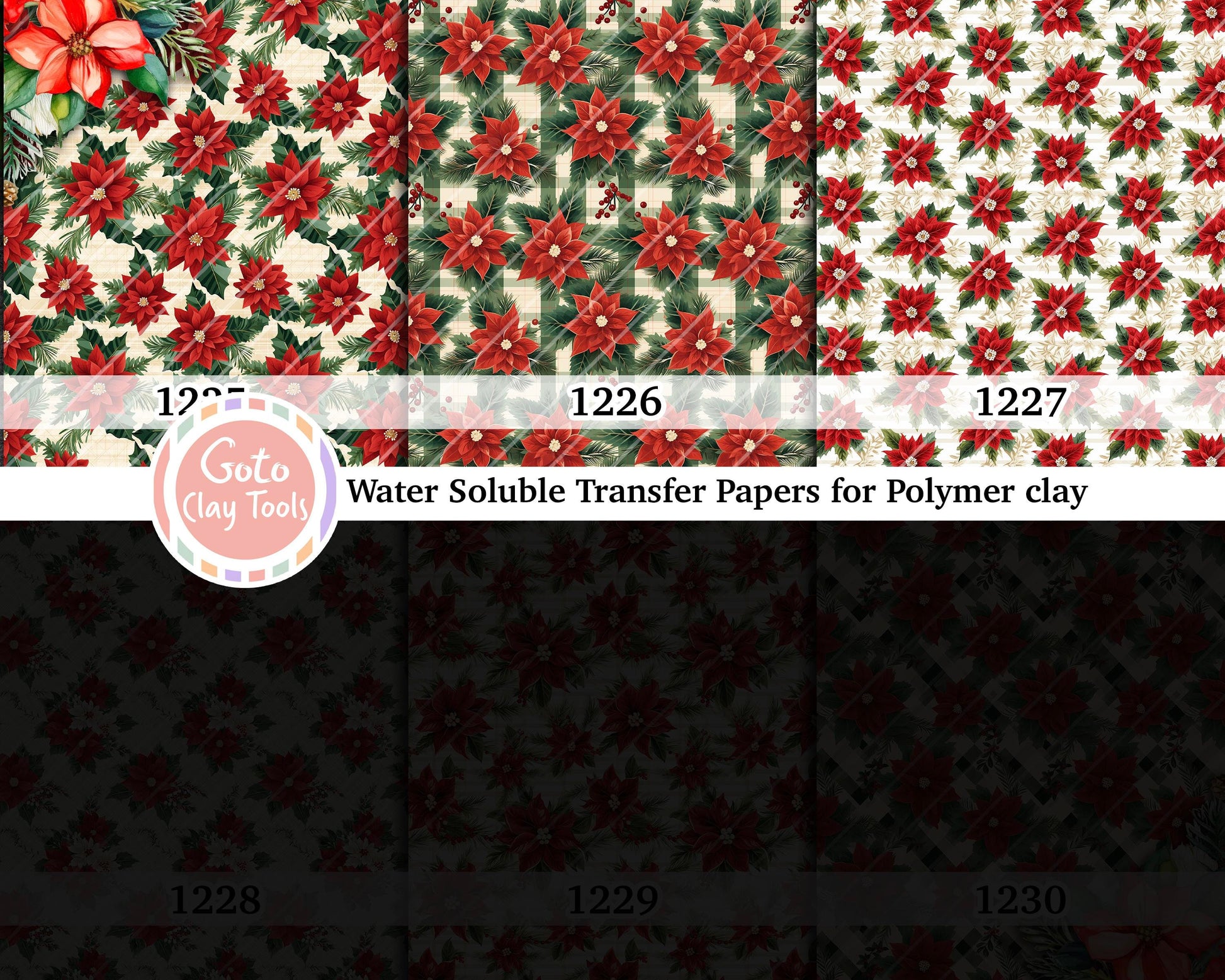 Water soluble Transfer paper for polymer clay, Poinsettia pattern, polymer clay image transfers, magic transfer paper