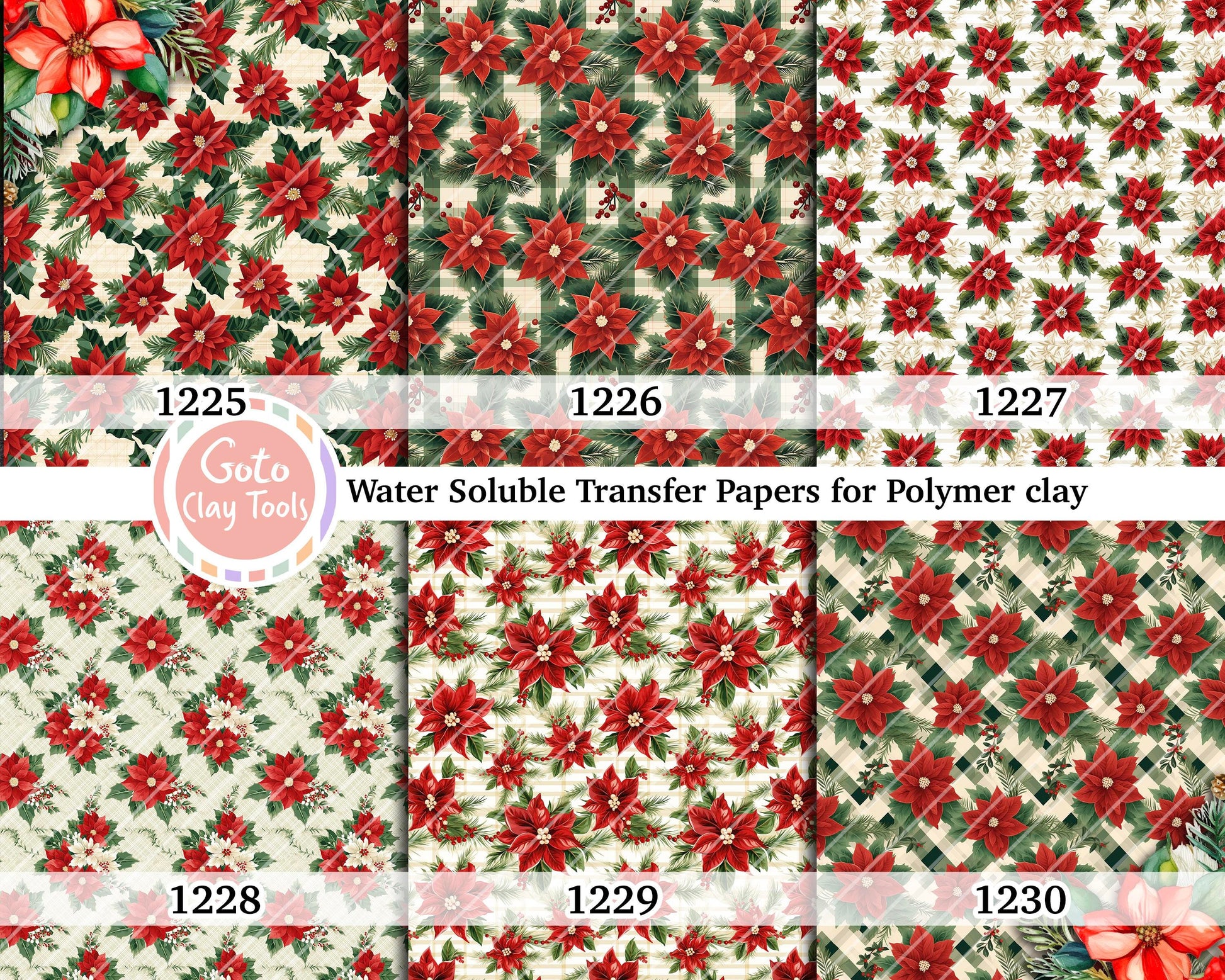 Water soluble Transfer paper for polymer clay, Poinsettia pattern, polymer clay image transfers, magic transfer paper