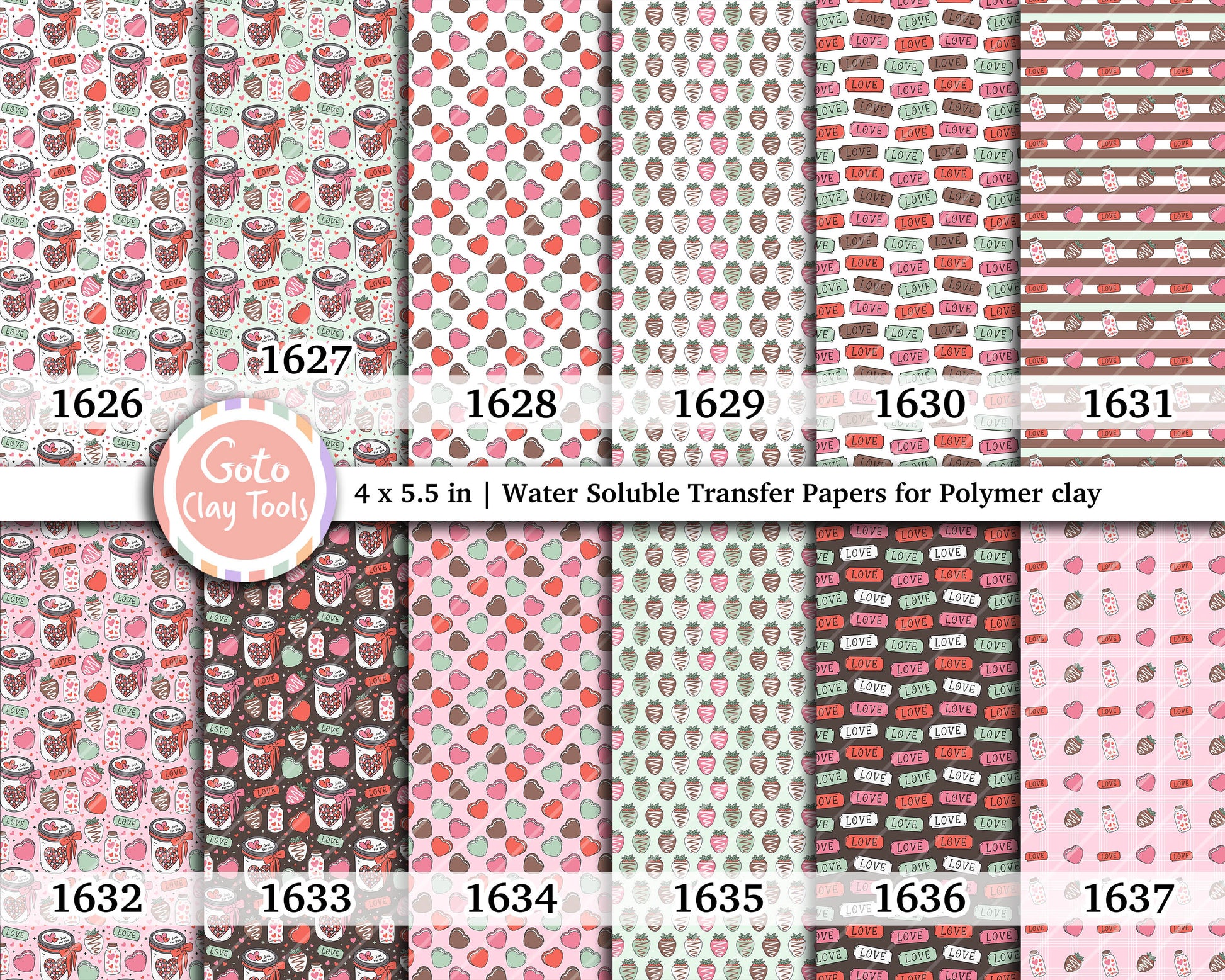 Valentine Water soluble Transfer paper for polymer clay, love strawberries, love heart, polymer clay image transfers, magic transfer paper