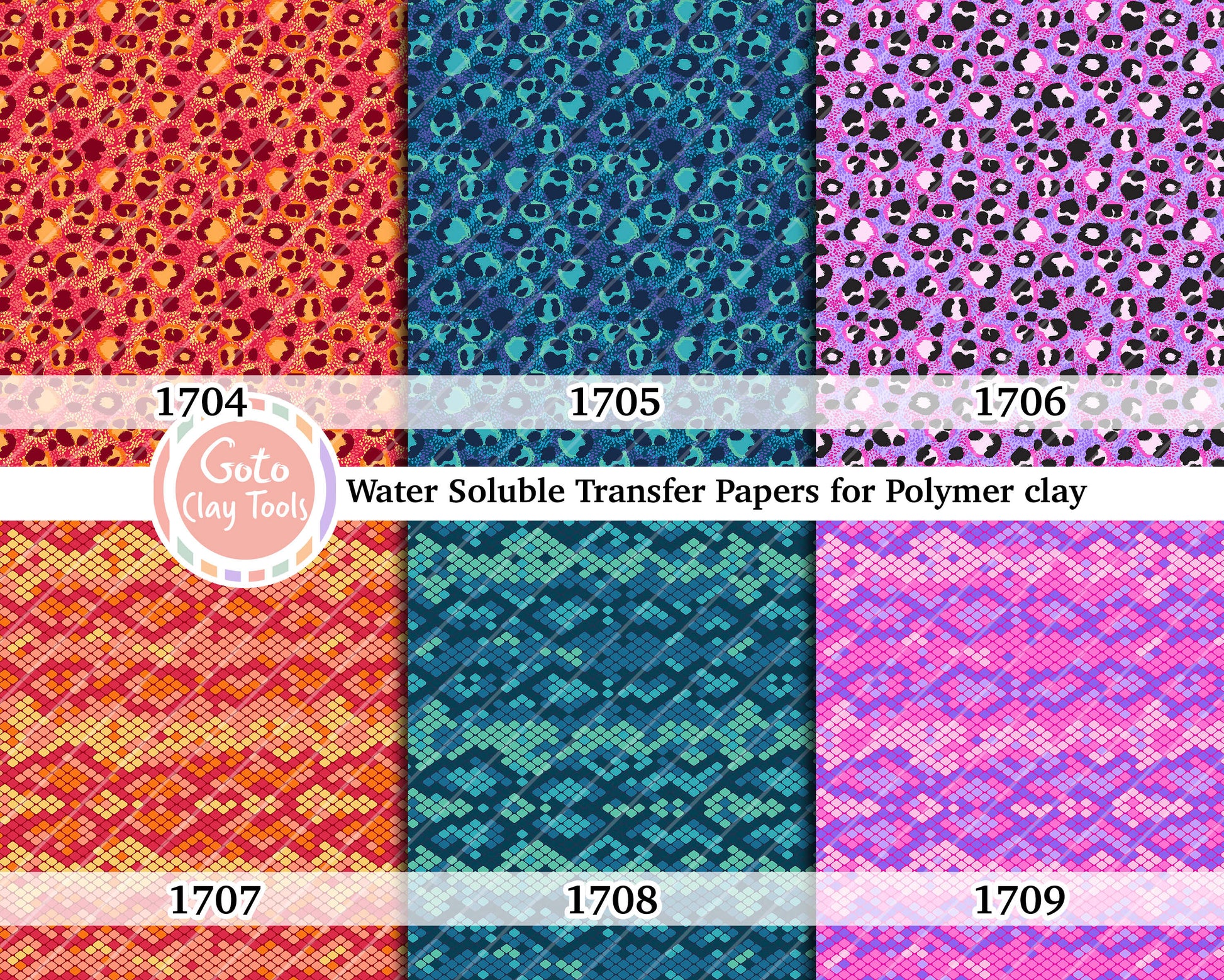 Water soluble Transfer paper for polymer clay, Neon animal skin pattern, polymer clay image transfers, magic transfer paper