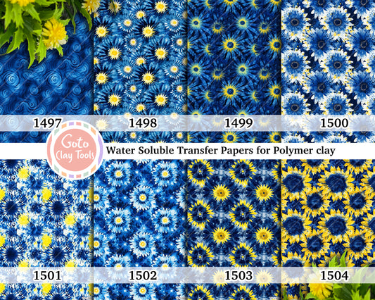 Water soluble Transfer paper for polymer clay, Blue and yellow sunflower tie dye, polymer clay image transfers, magic transfer paper