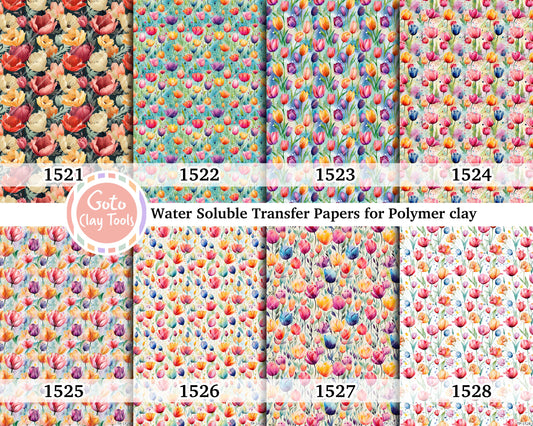 Water soluble Transfer paper for polymer clay, Colorful watercolor tulip floral, polymer clay image transfers, magic transfer paper
