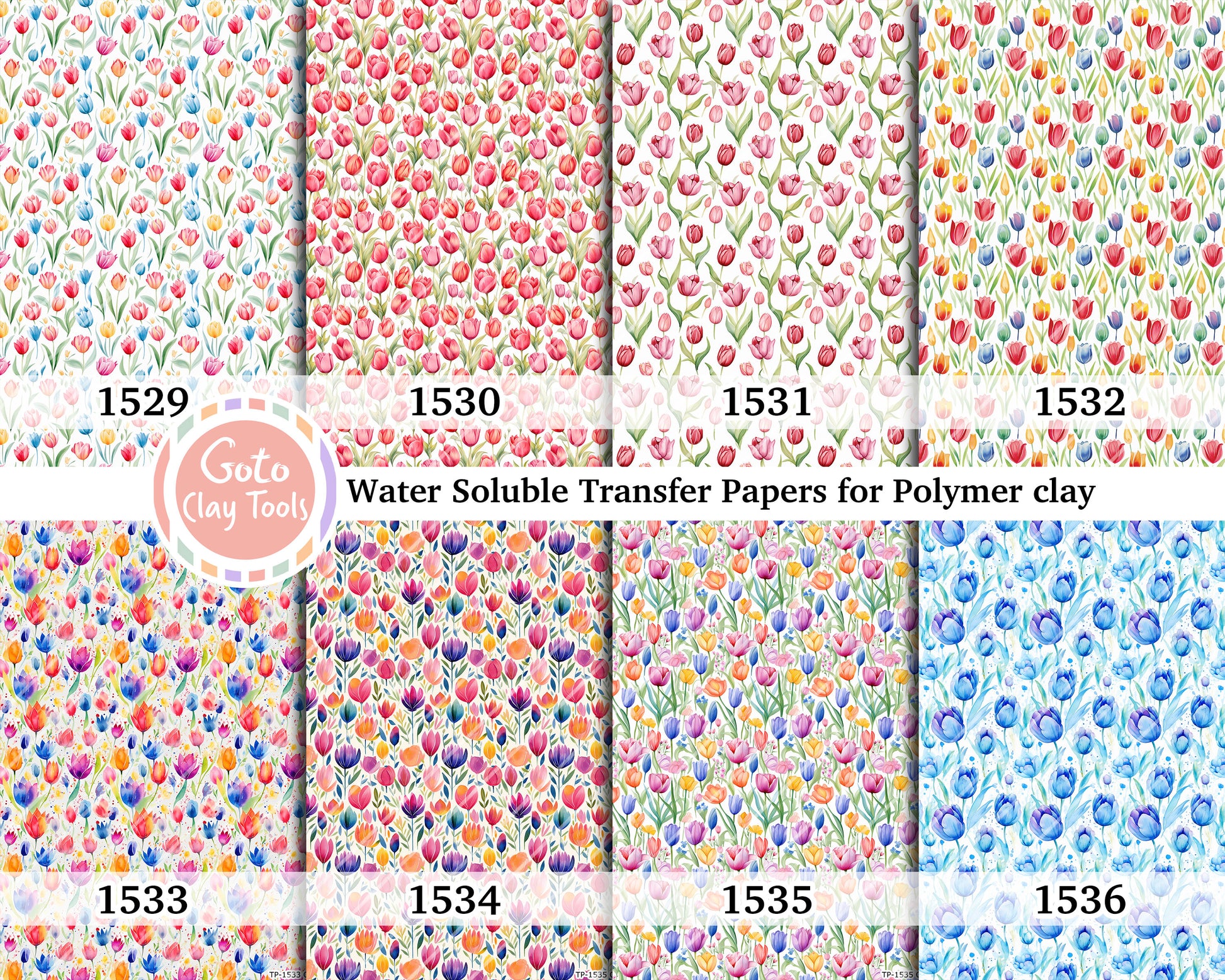 Water soluble Transfer paper for polymer clay, Colorful watercolor tulip floral, polymer clay image transfers, magic transfer paper