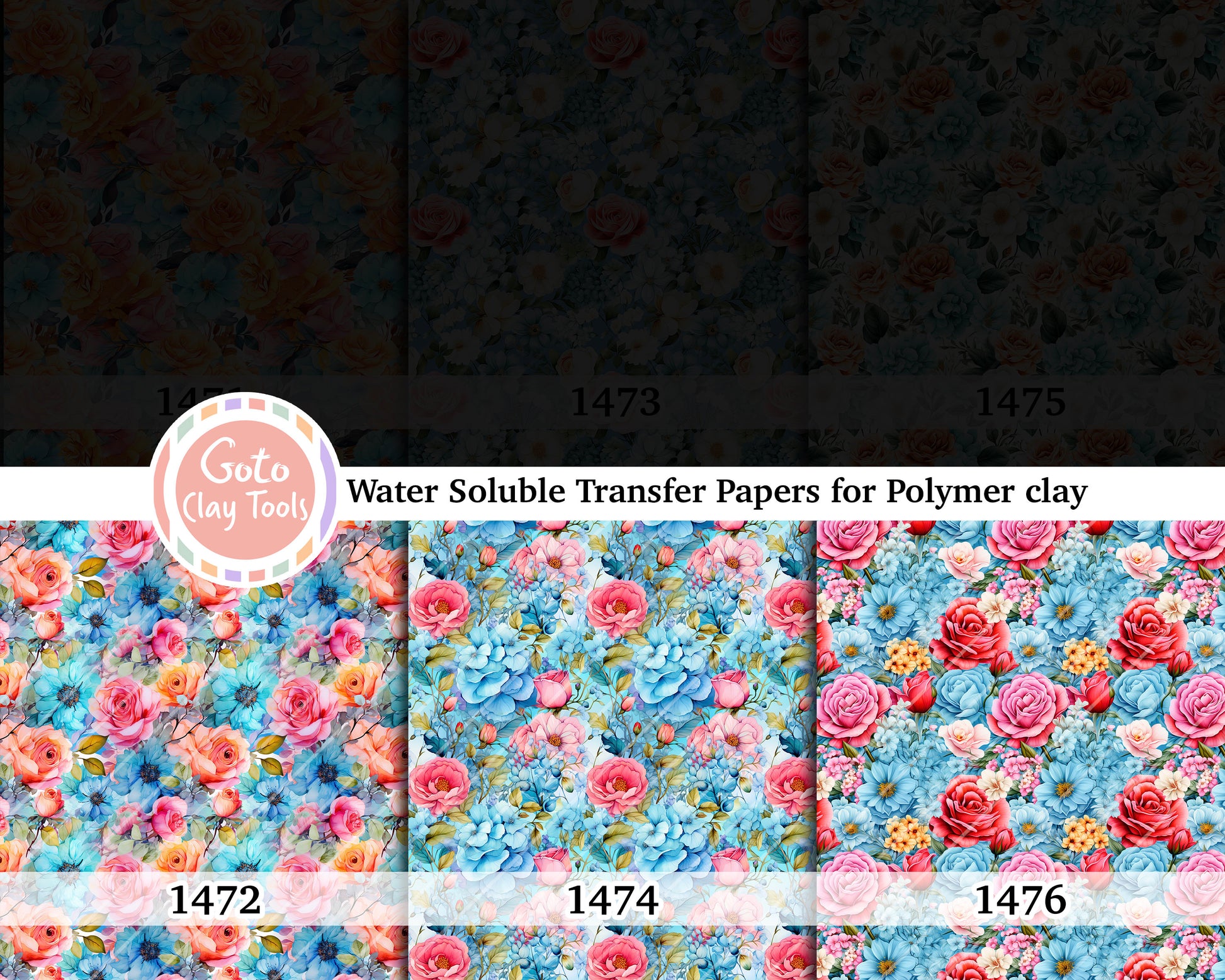 Water soluble Transfer paper for polymer clay, Blue and pink rose pattern, polymer clay image transfers, magic transfer paper