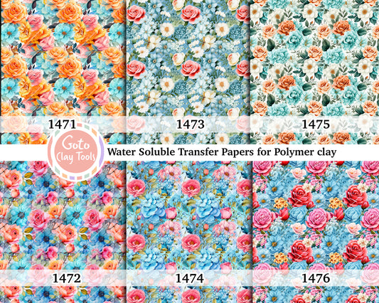 Water soluble Transfer paper for polymer clay, Blue and pink rose pattern, polymer clay image transfers, magic transfer paper