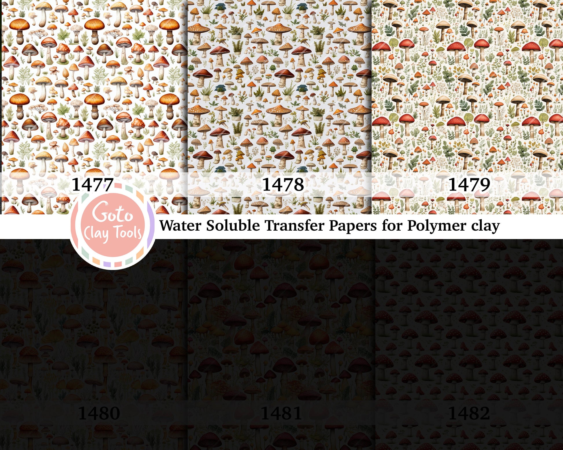Water soluble Transfer paper for polymer clay, Mushroom pattern, polymer clay image transfers, magic transfer paper