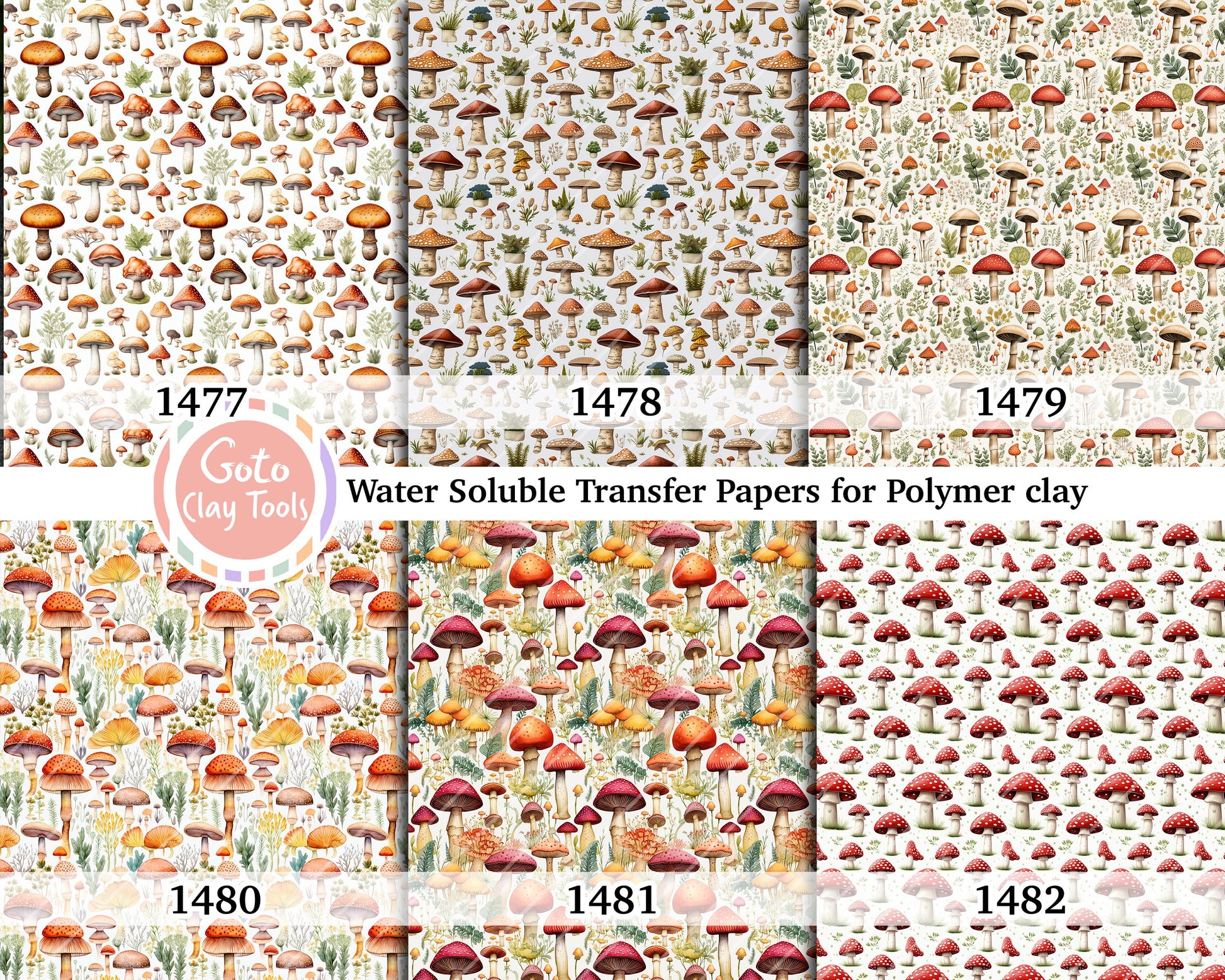 Water soluble Transfer paper for polymer clay, Mushroom pattern, polymer clay image transfers, magic transfer paper