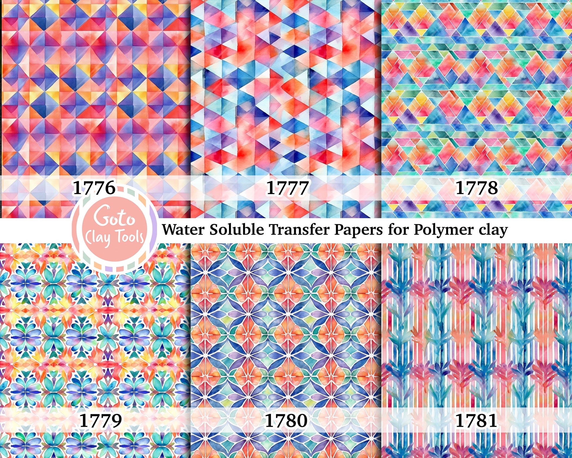 Water soluble Transfer paper for polymer clay, Watercolor geometrical pattern, polymer clay image transfers, magic transfer paper