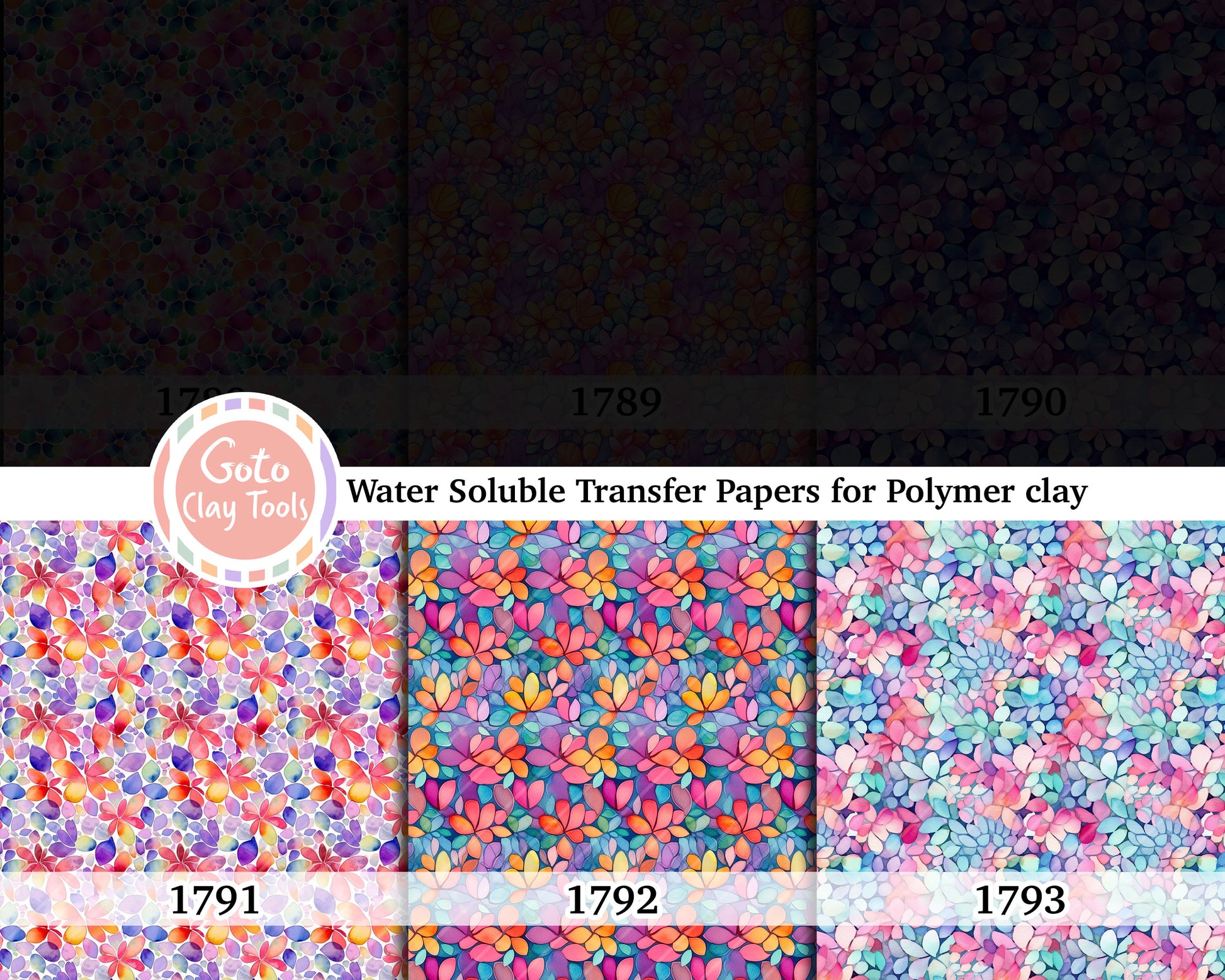 Water soluble Transfer paper for polymer clay, Colorful watercolor floral pattern, polymer clay image transfers, magic transfer paper
